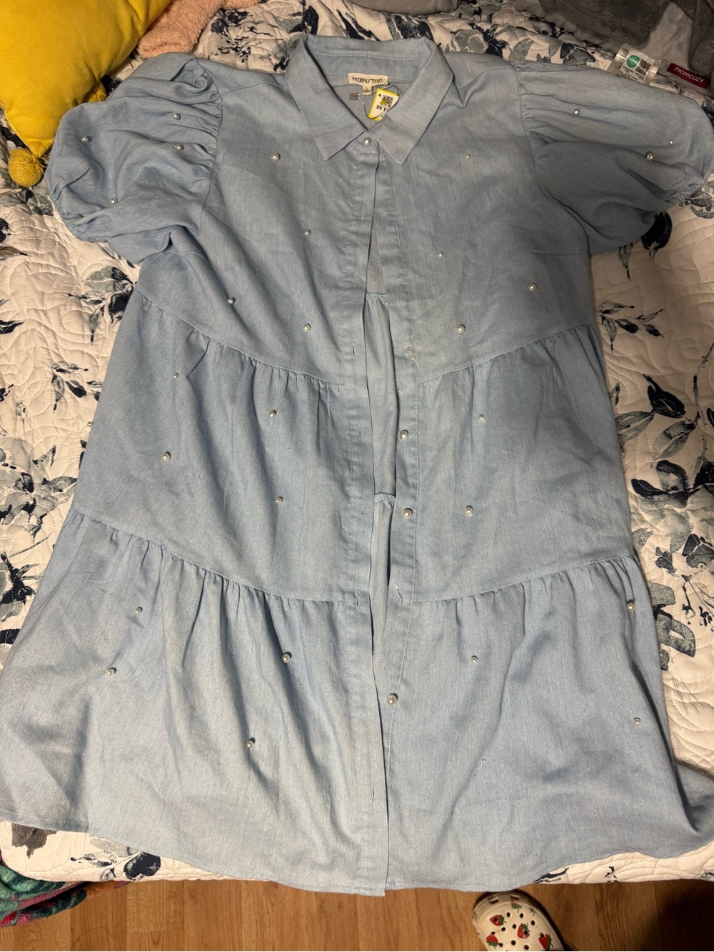 Main Strip Light Blue Tiered Dress with Pearl Studs